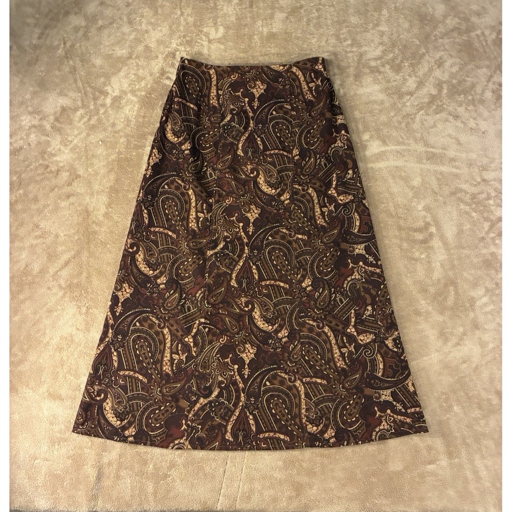 VTG Y2K Notations Petite Skirt PS Brown Paisley A-Line Maxi Stretch Boho Grunge